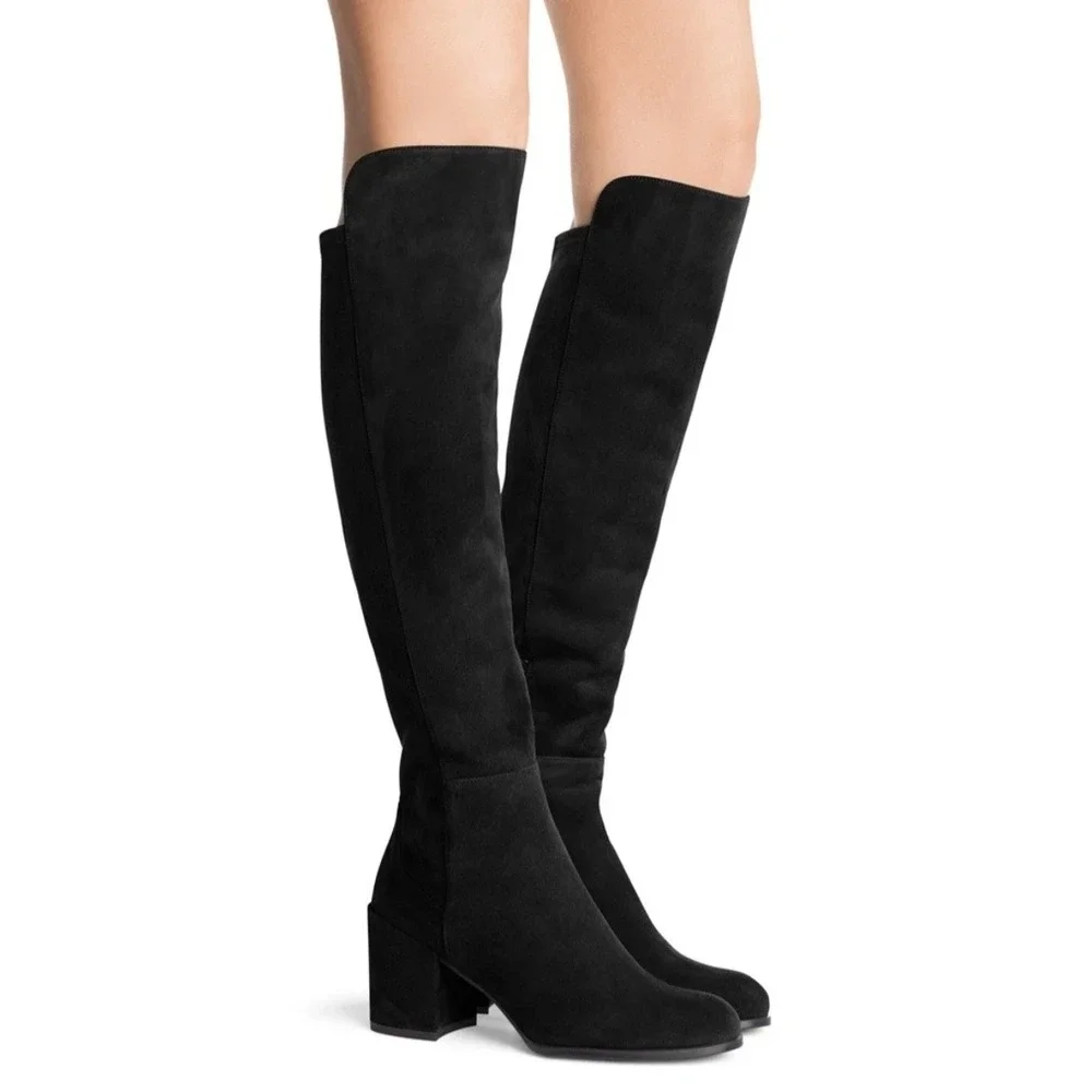 Stuart Weitzman Alljack Black Suede Over The Knee Block Heel Boots Womens 37.5